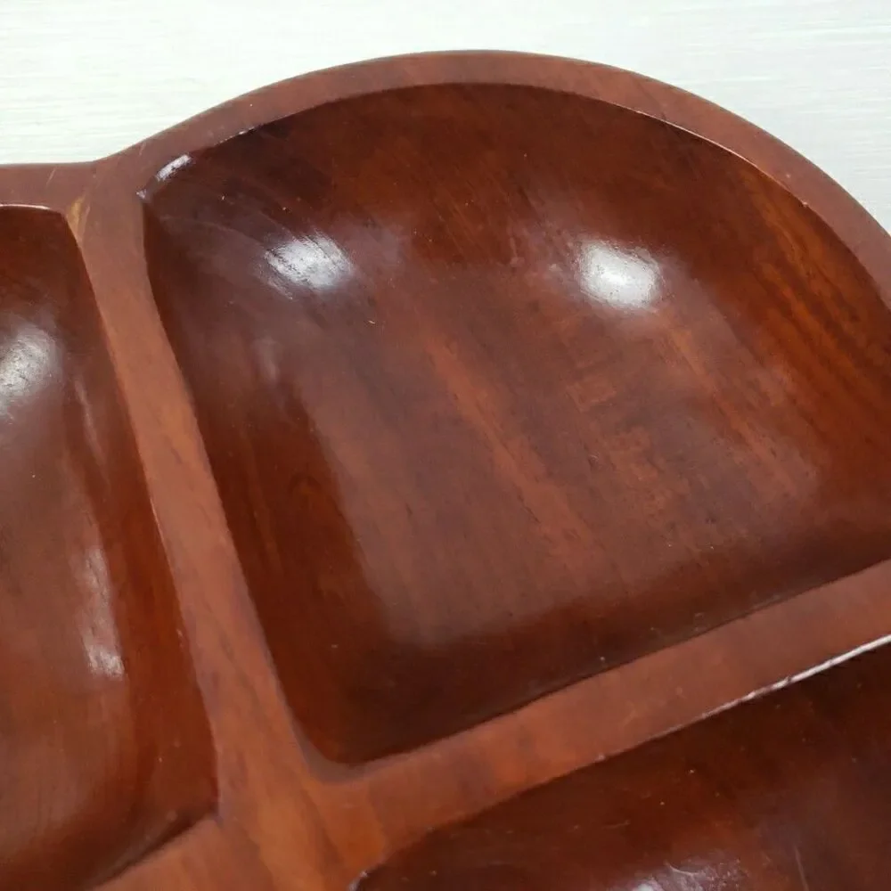 Carib Craft Lacquered Mahogany Divided Snack Nut Dish Serving Bowl VTG MCM
